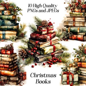 May include: Ten watercolor illustrations of stacks of vintage books decorated with Christmas greenery, red berries, and red ribbon bows. The text "10 High Quality PNGs and JPGs" and "Christmas Books" is included in the image.