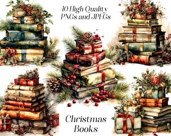 Clipart de libros navideños en acuarela: Pila de libros festivos (Descarga digital)