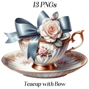 Tazza da tè acquerello con clipart fiocco, 13 file PNG, tazza da tè vintage, tazza da tè e piattino, tazza da tè decorata, vintage, antico, immagini stampabili