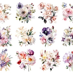Puede incluir: Una colecci&oacute;n de 12 ramos de flores de acuarela con diferentes flores en tonos de rosa, blanco y morado. Los ramos est&aacute;n dispuestos en una cuadr&iacute;cula y est&aacute;n aislados sobre un fondo blanco.
