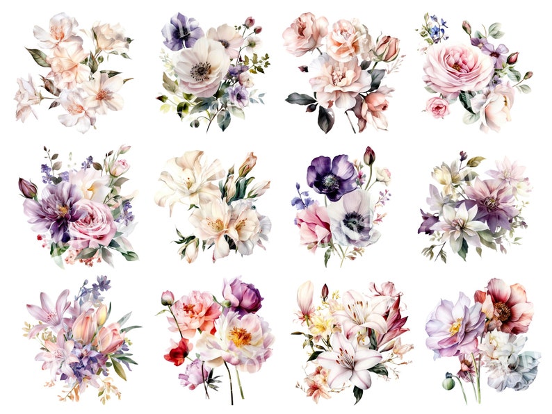 Puede incluir: Una colecci&oacute;n de 12 ramos de flores de acuarela con diferentes flores en tonos de rosa, blanco y morado. Los ramos est&aacute;n dispuestos en una cuadr&iacute;cula y est&aacute;n aislados sobre un fondo blanco.