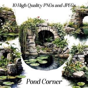 Aquarell Teich Clipart: Garten Landschaft Grafik (JPEG, PNG)
