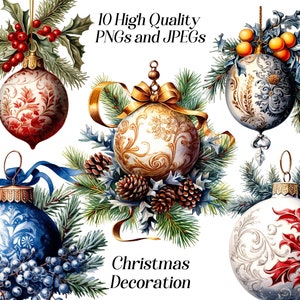 Aquarell Weihnachtsschmuck Clipart, 10 hochwertige JPEG und PNG Dateien, Weihnachtsdekor, Grußkarte, Grußkarte, Druck, digitaler Download