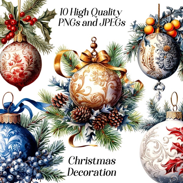 Clipart d'ornements de Noël aquarelle, 10 fichiers JPEG et PNG de haute qualité, décor de Noël, cartes graphiques, imprimables, téléchargement numérique