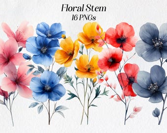 Watercolor Flower Clipart: Boho Floral PNG, Botanical Illustration (Digital Download)