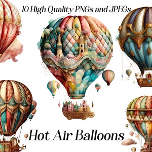 Watercolor Hot Air Balloons Clipart, 10 high quality JPEG and PNG files, vintage clipart, nursery, whimsical art, printable graphics