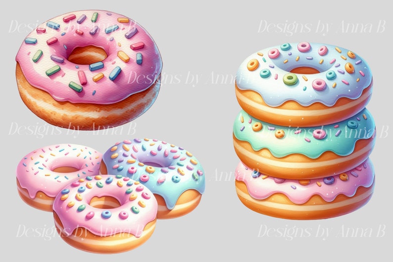 Puede incluir: Cuatro donuts coloridos con glaseado rosa, azul y blanco y espolvoreados. Los donuts est&aacute;n dispuestos en un grupo de tres y un donut &uacute;nico.