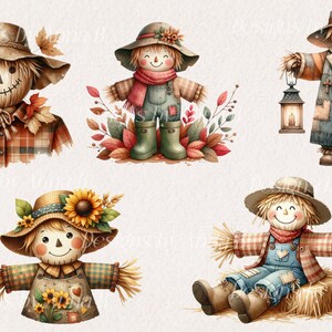 Pu&ograve; includere: Cinque diverse illustrazioni di spaventapasseri in varie pose. Gli spaventapasseri sono vestiti con camicie a quadri, tute e cappelli di paglia. Alcuni degli spaventapasseri tengono lanterne o girasoli.