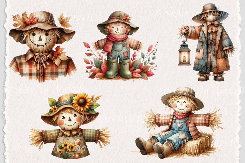 Pu&ograve; includere: Cinque diverse illustrazioni di spaventapasseri in varie pose. Gli spaventapasseri sono vestiti con camicie a quadri, tute e cappelli di paglia. Alcuni degli spaventapasseri tengono lanterne o girasoli.