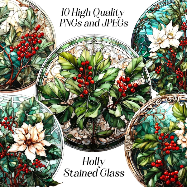 Watercolor Holly in stained glass clipart, 10 high quality JPEG and PNG files, winter holidays, christmas clip art, festive clipart