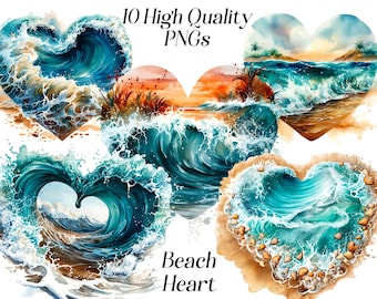 Watercolor Beach heart clipart, 10 high quality PNG Files, beach sublimation design, beach illustration, ocean waves, sea froth clipart