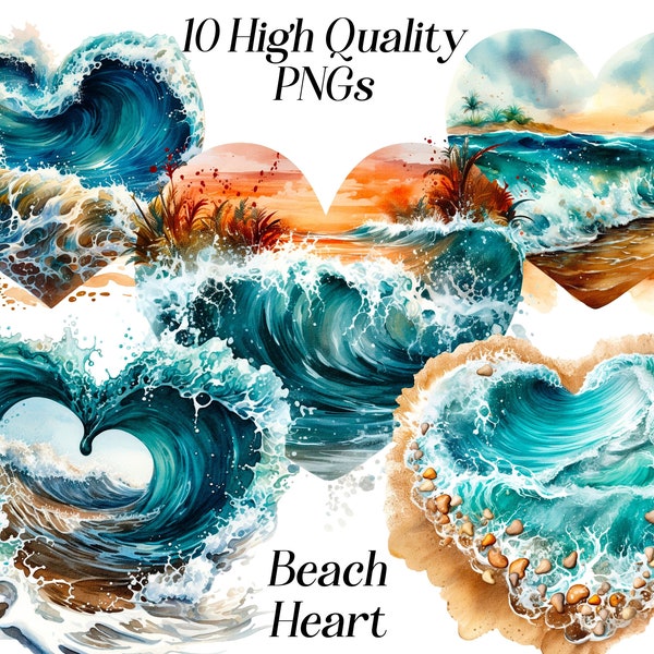 Watercolor Beach heart clipart, 10 high quality PNG Files, beach sublimation design, beach illustration, ocean waves, sea froth clipart