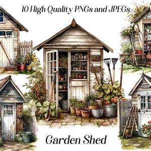 Watercolor garden shed clipart, 10 high quality JPEG and PNG files, garden clipart, cottage garden, cottagecore, printable graphics