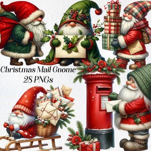 Kerstpost kabouter clipart, feestelijke kabouter, vakantiebrievenbus, winterkabouter, digitaal, afbeeldingen, schattige kabouter, aquarel, kerstman, brieven