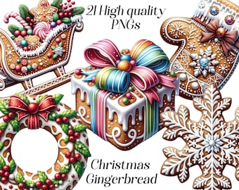 May include: A set of 21 high-quality PNG images featuring Christmas gingerbread cookies. The cookies are decorated with icing, sprinkles, and candy. The set includes a gingerbread sleigh, a gingerbread gift box, a gingerbread mitten, a gingerbread wreath, and a gingerbread snowflake.