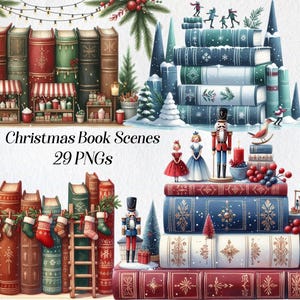 Livros de Natal clipart, livros de aquarela clip art, png, livros festivos, vila de natal, cenário, ilustração para impressão, download digital