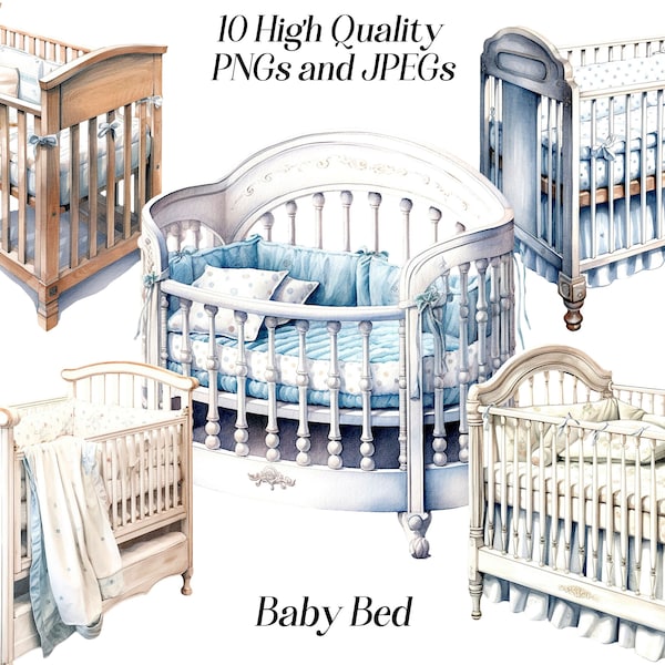 Watercolor baby bed clipart, 10 high quality JPEG and PNG files, Baby crib clip art, nursery furniture graphics, printables