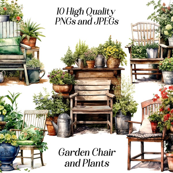 Watercolor garden chair and plants clipart, 10 high quality JPEG and PNG files, cottage core, rustic garden, cozy reading area, printables