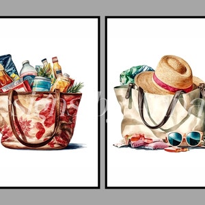 May include: Two tote bags, one filled with groceries and the other with beach essentials. The grocery bag is brown with red floral print and the beach bag is white with brown straps.