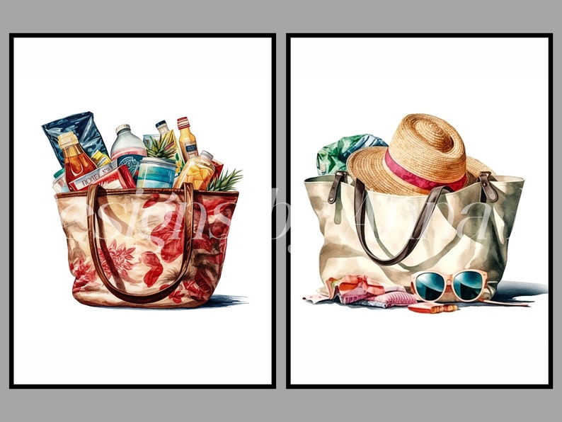 May include: Two tote bags, one filled with groceries and the other with beach essentials. The grocery bag is brown with red floral print and the beach bag is white with brown straps.