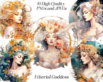Watercolor Goddess Clipart: Celestial Fantasy Art (Digital Download)