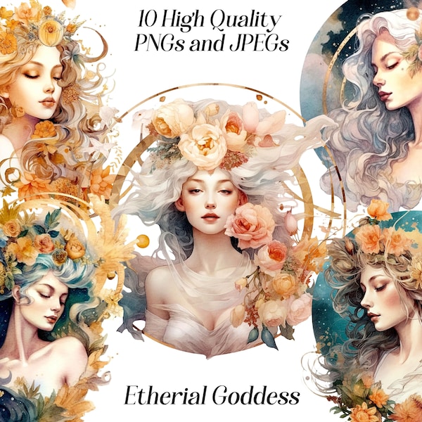 Watercolor etherial goddess clipart, 10 high quality JPEG and PNG files, fantasy clipart, celestial female, printable graphics, digital