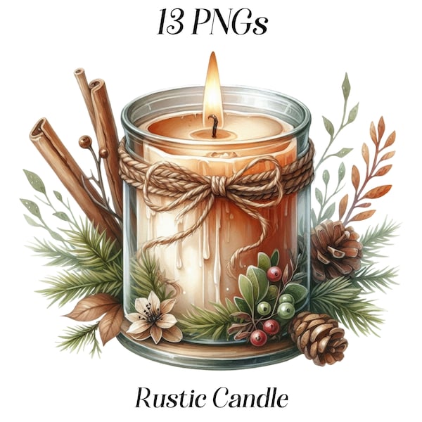 Watercolor Rustic Candles clipart, 13 PNG files, rustic clip art, spices and scented candles, cinnamon, floral, candle images, printables