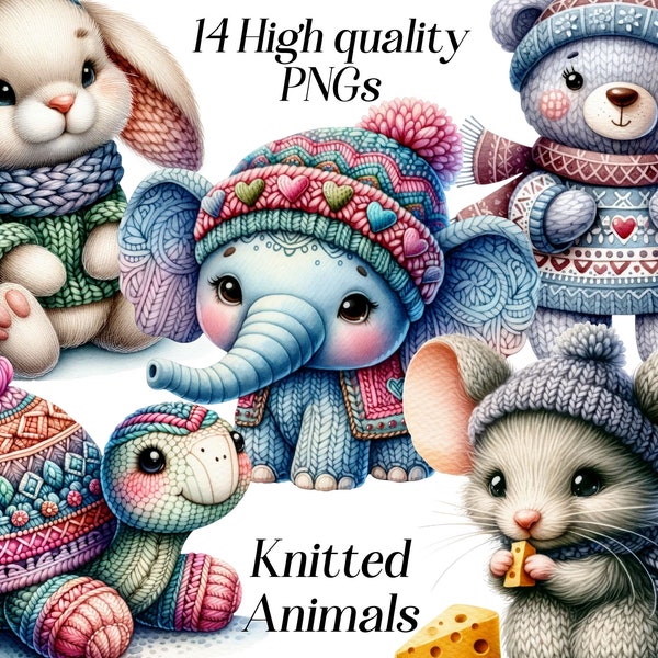 Watercolor Knitted Cute Animals clipart, 14 high quality PNG files, baby animals illustration, nursery clipart, toys clipart, printables