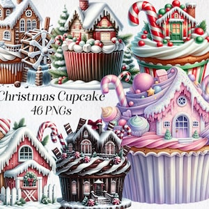 Weihnachten Cupcakes Clipart, Lebkuchenhaus, festliche Cupcakes, süße Kuchen, Winter Feiertage, süße Leckereien, Cupcake Haus, Weihnachtsbäckerei