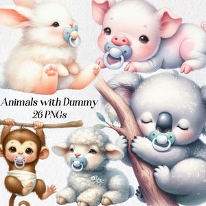 Baby Tiere mit Dummy Clipart - Niedliche Baby Tiere PNG, entzückende Tiere mit Schnuller, Kinderzimmer und Baby Shower Clipart Set