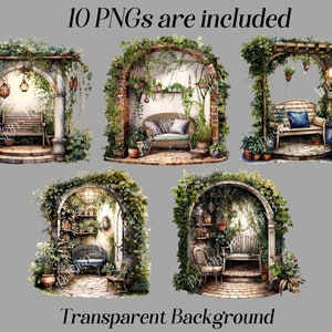 May include: A set of 10 digital illustrations of a whimsical garden archway with a bench and greenery. The archway is made of stone and brick with a wooden pergola on top. The illustrations have a transparent background.