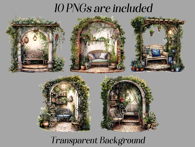 May include: A set of 10 digital illustrations of a whimsical garden archway with a bench and greenery. The archway is made of stone and brick with a wooden pergola on top. The illustrations have a transparent background.