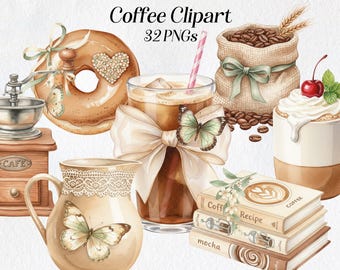 Vintage Coffee Illustration Clipart Set: Latte, Espresso, Beans (PNG Digital Download)