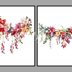 May include: Two watercolor paintings of floral arrangements. The first painting features pink, red, and white flowers with green leaves. The second painting features red, pink, and yellow flowers with green leaves.