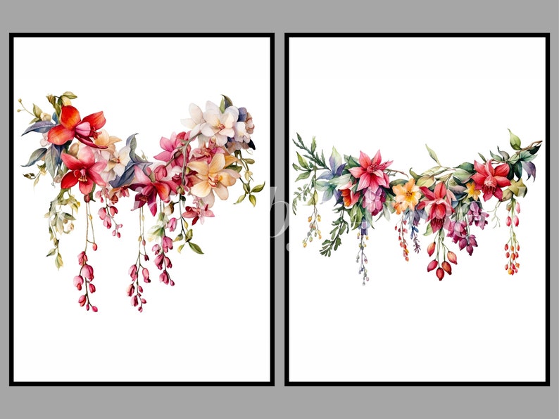 May include: Two watercolor paintings of floral arrangements. The first painting features pink, red, and white flowers with green leaves. The second painting features red, pink, and yellow flowers with green leaves.