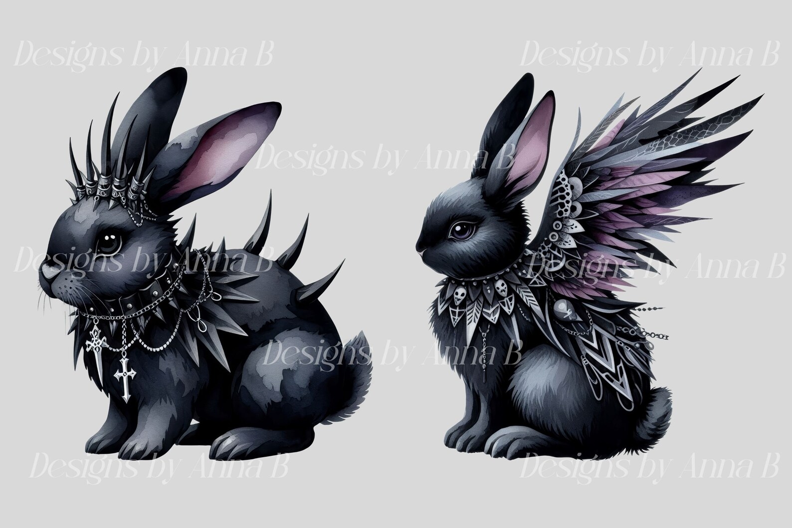 Watercolor Gothic Bunny Clipart: Dark Fantasy PNG Images (digital ...