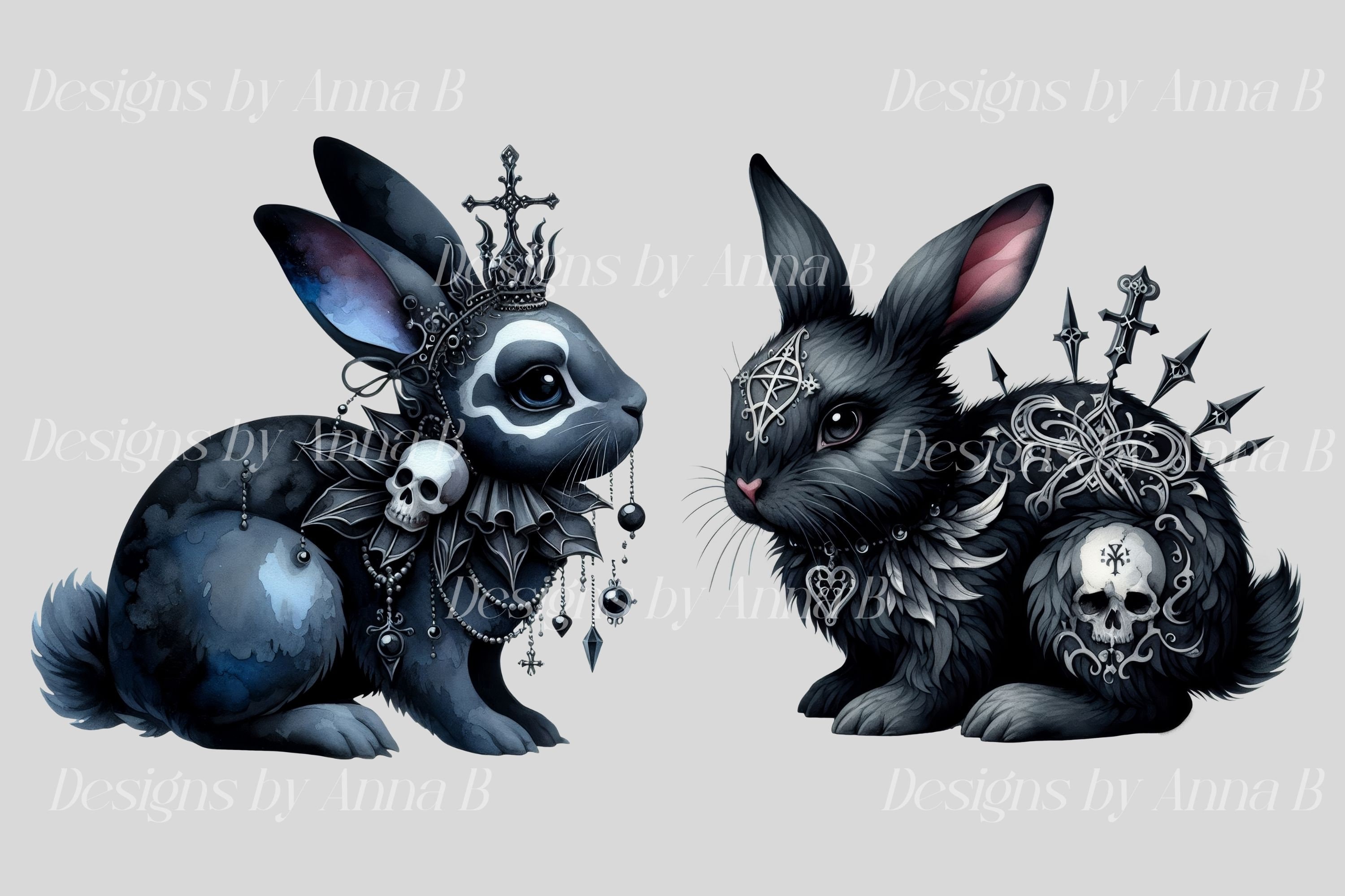 Watercolor Gothic Bunny Clipart: Dark Fantasy PNG Images (digital ...