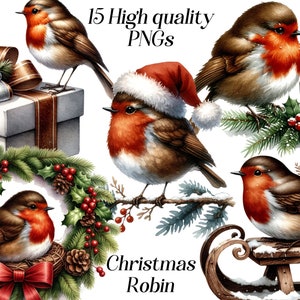 Clipart de Robin de Natal em aquarela, 15 arquivos PNG de alta qualidade, ilustração de pássaro de natal, férias de inverno, pássaro fofo, festivo, imprimíveis