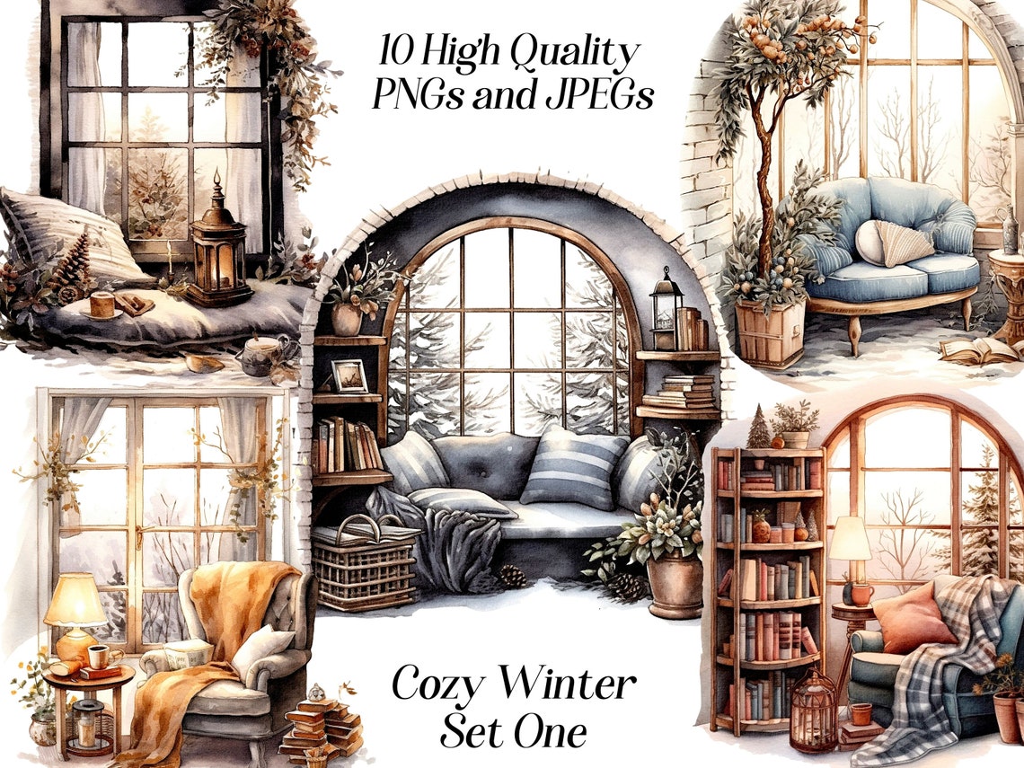 Watercolor Winter Clipart: Cozy Home Interiors (JPEG, PNG) - Etsy