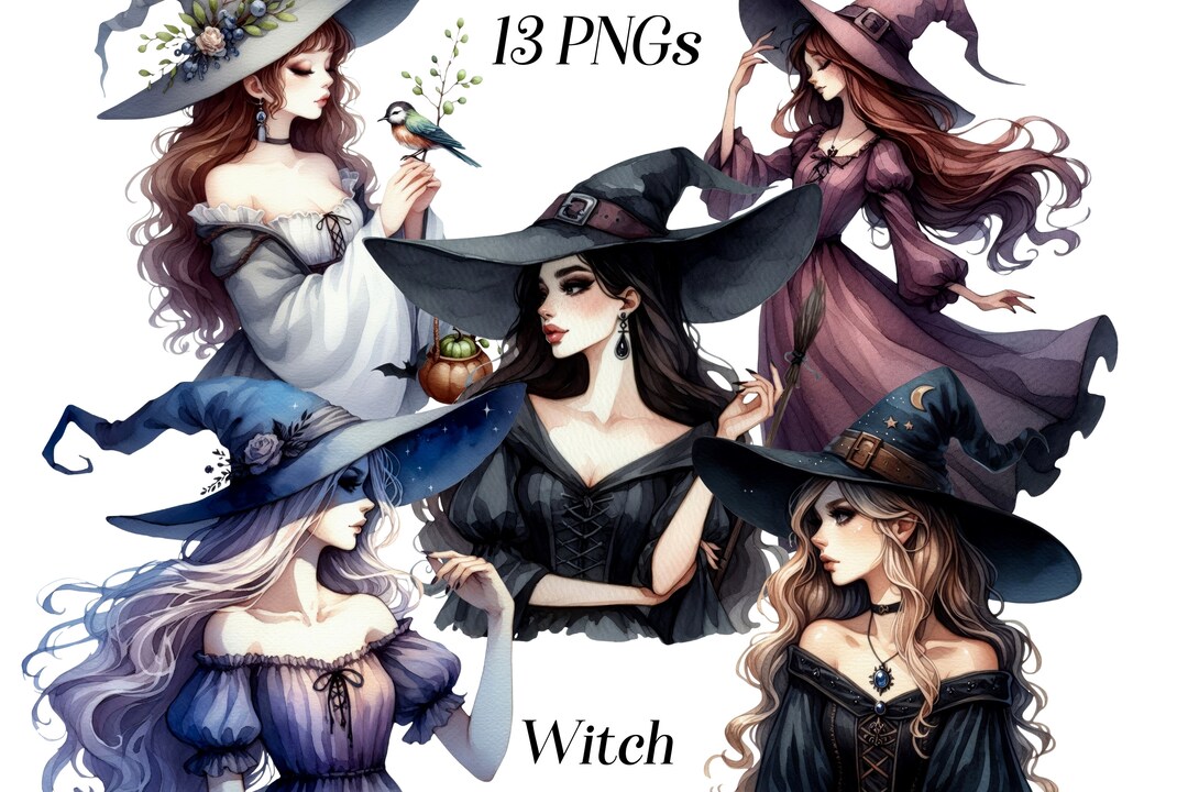 Watercolor Witch Clipart, 13 PNG Files, Witchcraft, Halloween Decor ...