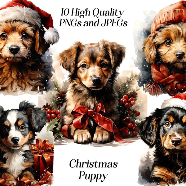 Watercolor Christmas Puppy clipart, 10 high quality JPEG and PNG files, winter holidays, Dog with Santa hat, cute puppies, printables
