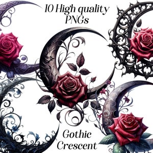 Clipart croissant gothique, clipart lune aquarelle, lune goth, fantaisie, gothique bohème, croissant floral, roses rouges, victorien, graphiques