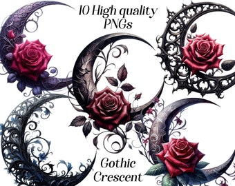 Gothic Crescent Clipart: Watercolor Moon & Red Roses (PNG Digital Download)