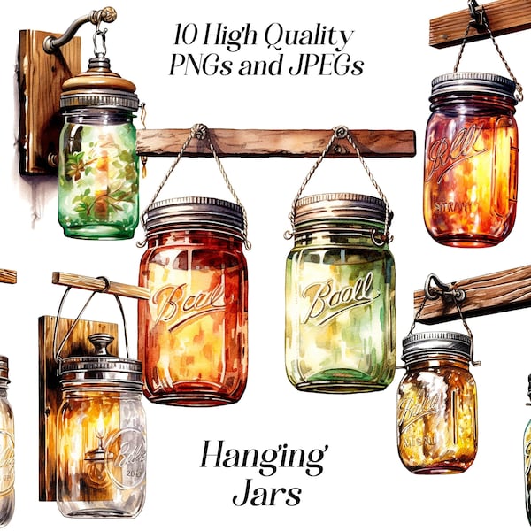 Watercolor hanging jars clipart, 10 high quality JPEG and PNG files, mason jar clip art, rustic decor, scrapbooking, lanterns, printables