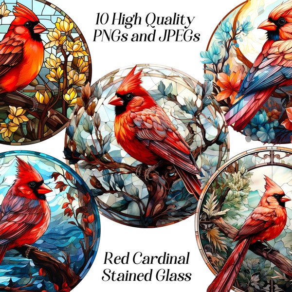 Watercolor red cardinal clipart, 10 High quality JPEG and PNG files, stained glass clip art, scrapbook, junk journal, printables