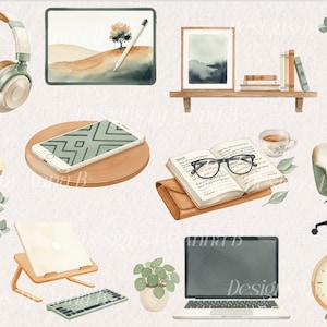 May include: Watercolor illustration of various office and home decor items. Includes headphones, a tablet with a stylus, a framed landscape, books, a vase with greenery, a phone, an open book with glasses, a laptop, a keyboard, a desk chair, a clock, and a cup of coffee.
