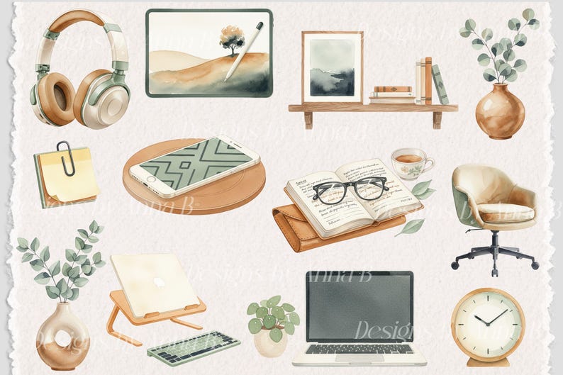 May include: Watercolor illustration of various office and home decor items. Includes headphones, a tablet with a stylus, a framed landscape, books, a vase with greenery, a phone, an open book with glasses, a laptop, a keyboard, a desk chair, a clock, and a cup of coffee.