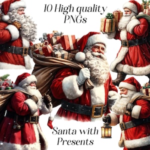 Aquarela Papai Noel com clipart de presentes, 10 arquivos PNG de alta qualidade, gráficos de Natal, férias de inverno, ilustração de Papai Noel