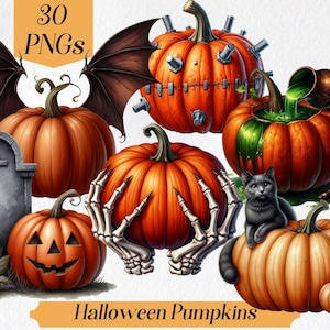 May include: A set of 30 Halloween pumpkin PNG images. The pumpkins are orange and decorated with spooky details like skeletons, bats, and a graveyard.  There is also a black cat and a green pumpkin with a cauldron pouring green liquid.