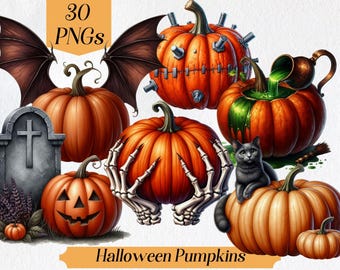 Watercolor Halloween Pumpkin Clipart: Spooky Jack-O-Lantern PNGs (Digital Download)